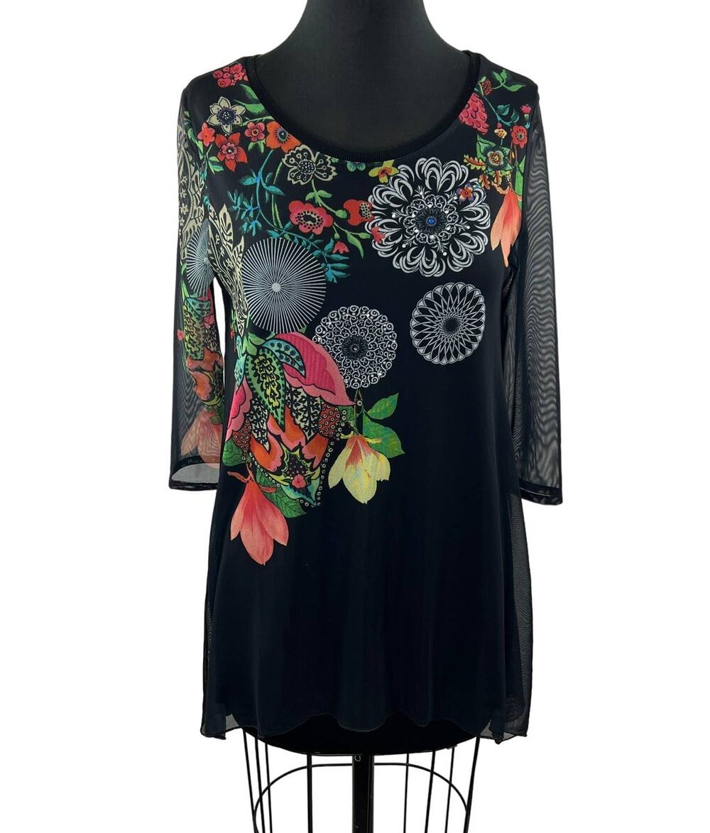 DESIGUAL Womens Black 3/4 Mesh Sleeve Floral Print Round Neck Tunic Top Size M